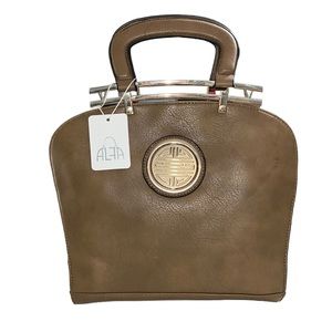 NWT Alfa Hand Bag Purse Tote Satchel Crossbody Taupe Brown Gold Womens